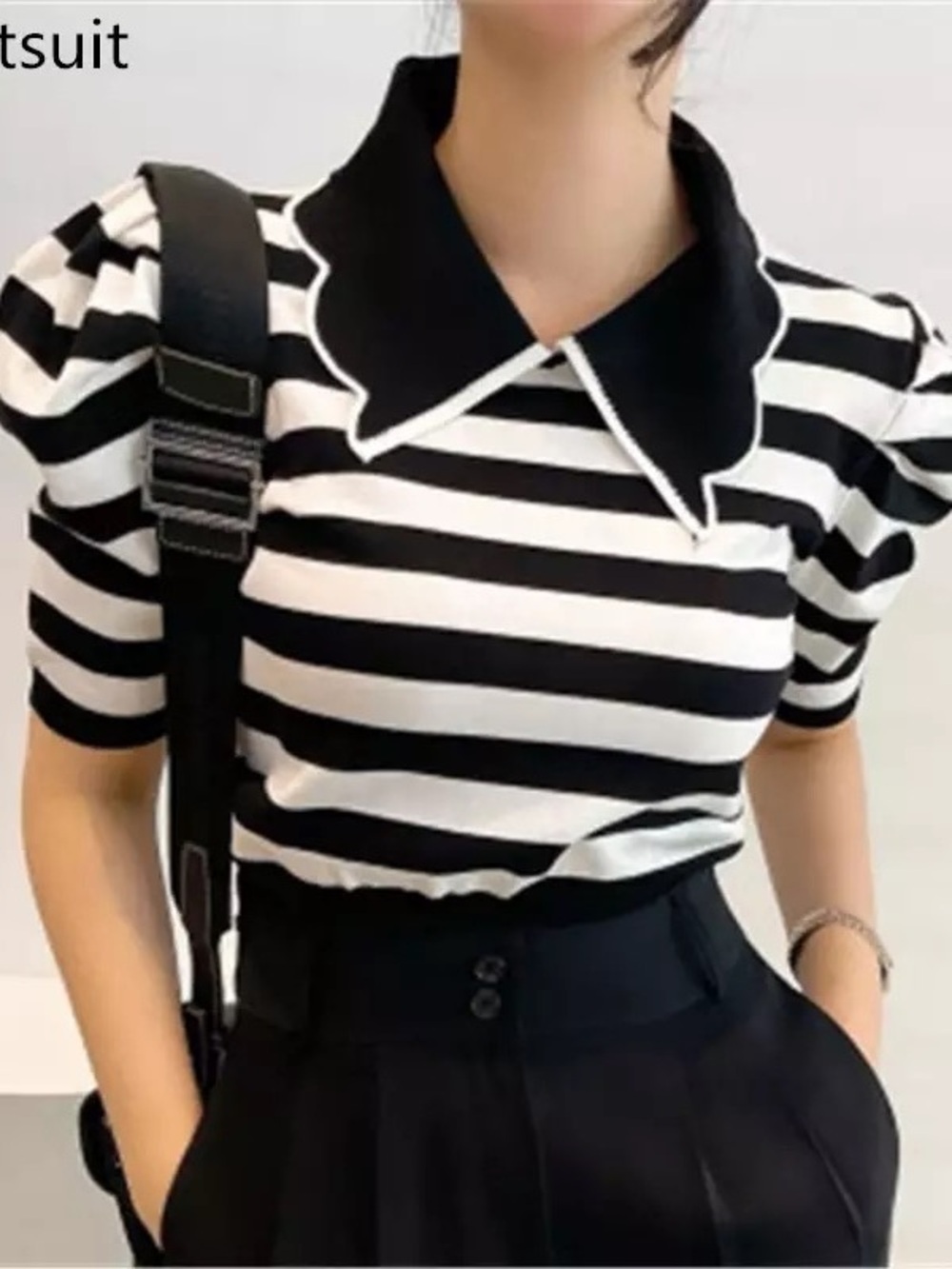Striped Puff-Sleeve Polo Top - Black & White